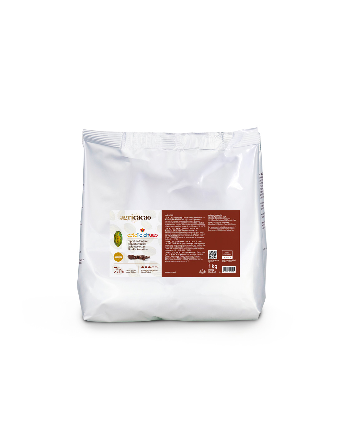 Agricacao Sacco Alluminato 1kg Criollo 75% Copertura Fondente